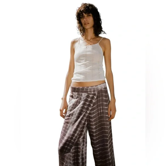 ZARA Tie dye Wide Leg Wrap Front Brown Linen Pants in Sz XS - Picture 3 of 9